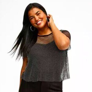 Bedazzled Black & Metallic Mesh Boxy Crop Top with Tank 0X